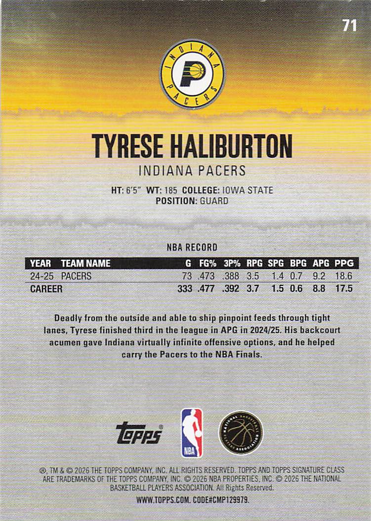 2025-26 Topps Signature Class Basketball Tyrese Haliburton #71
