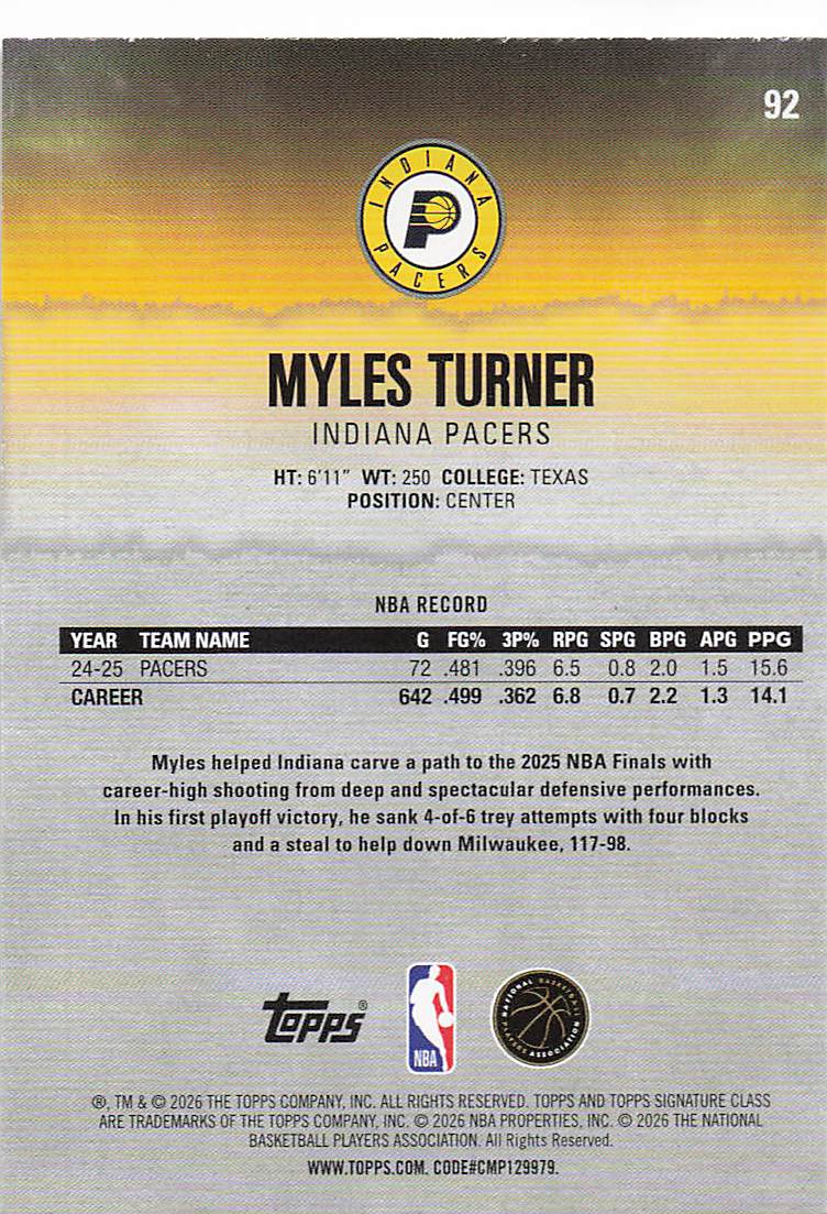 2025-26 Topps Signature Class Basketball Myles Turner #92
