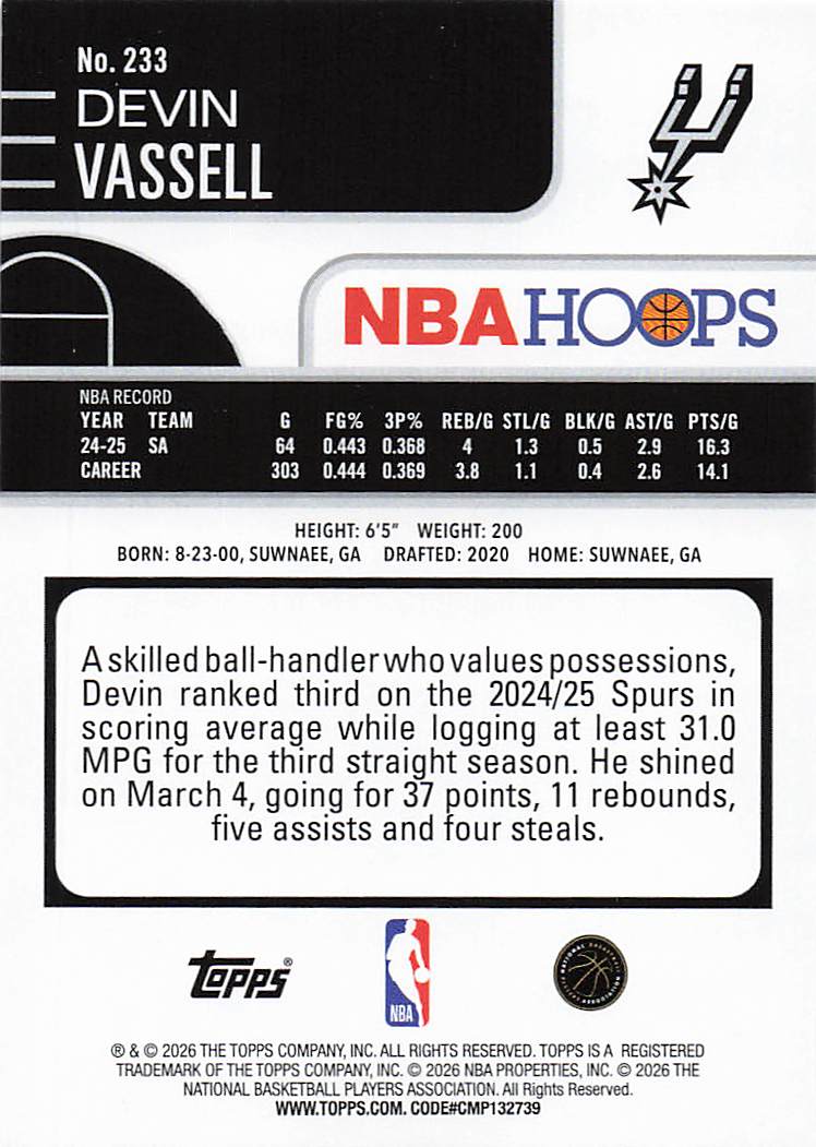 2025-26 Hoops Basketball Green Hoops Devin Vassell #233