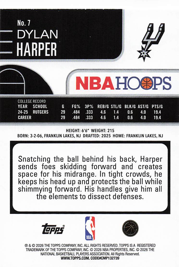 2025-26 Hoops Basketball Dylan Harper #7 Rookie