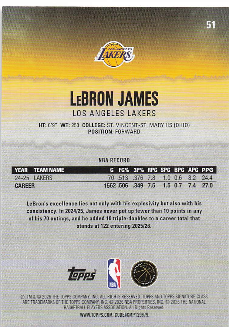 2025-26 Topps Signature Class Basketball LeBron James #51