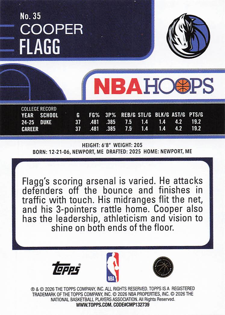 2025-26 Hoops Basketball Cooper Flagg #35 Rookie