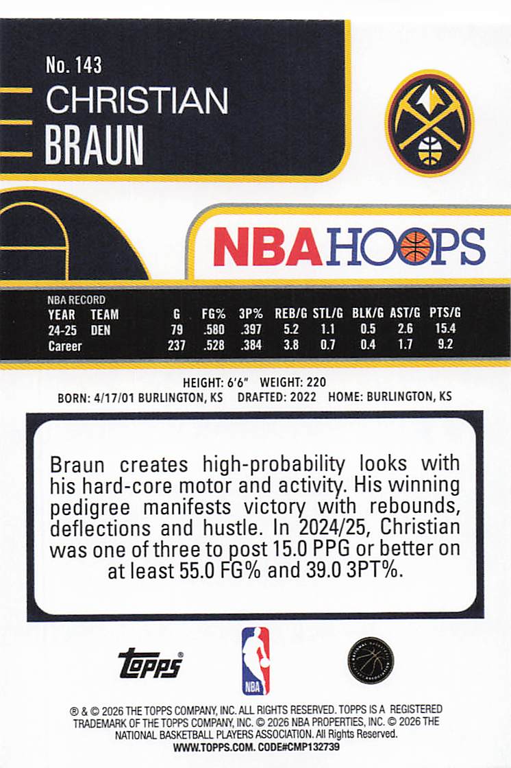 2025-26 Hoops Basketball Pixel Burst Christian Braun #143