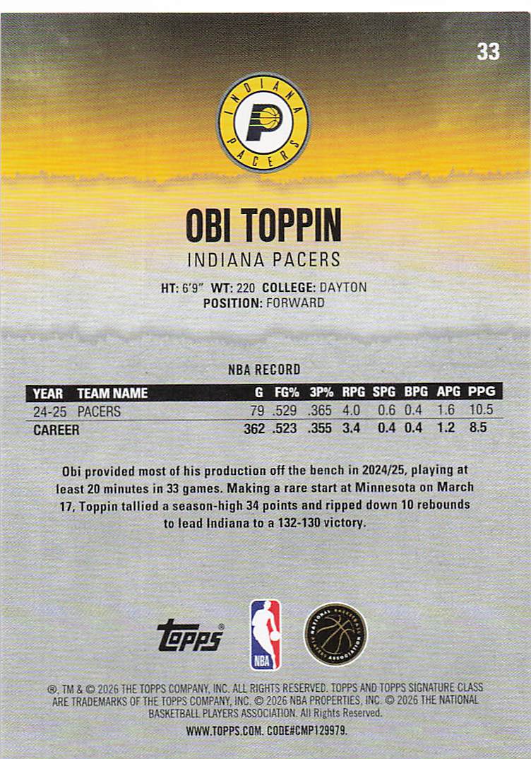 2025-26 Topps Signature Class Basketball Obi Toppin #33