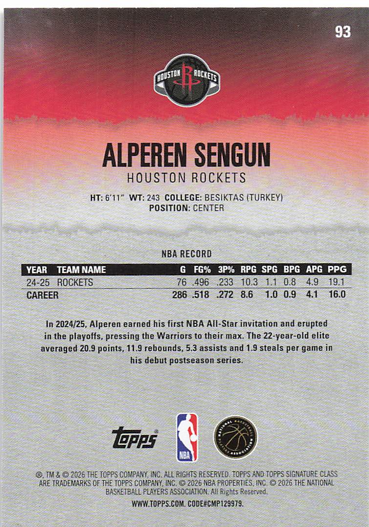2025-26 Topps Signature Class Basketball Alperen Sengun #93