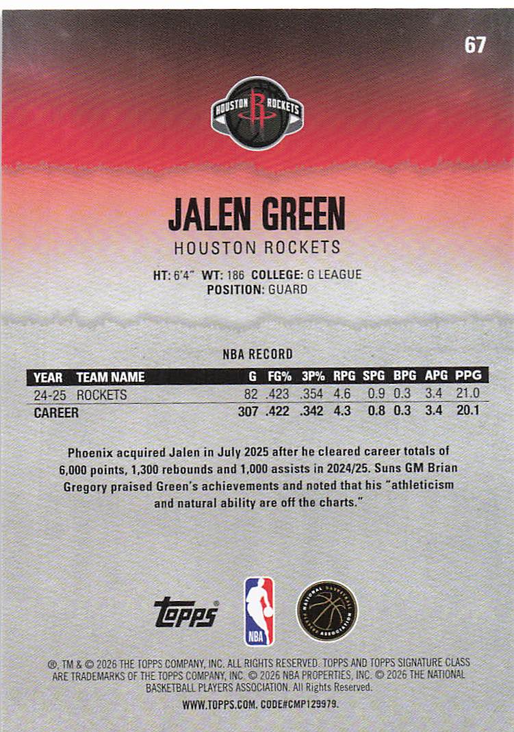 2025-26 Topps Signature Class Basketball Jalen Green #67