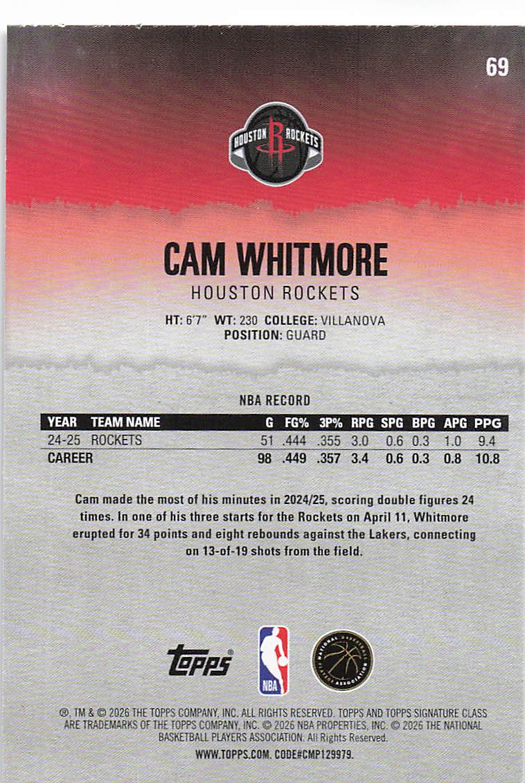 2025-26 Topps Signature Class Basketball Cam Whitmore #69