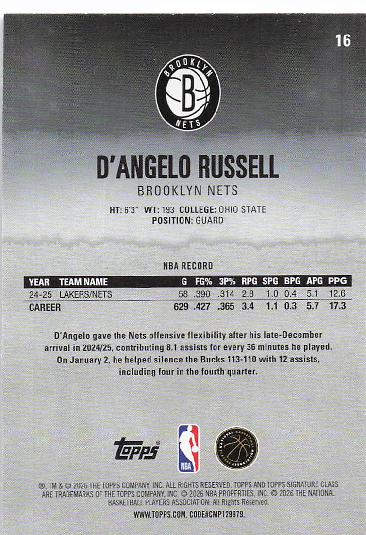 2025-26 Topps Signature Class Basketball D'Angelo Russell #16