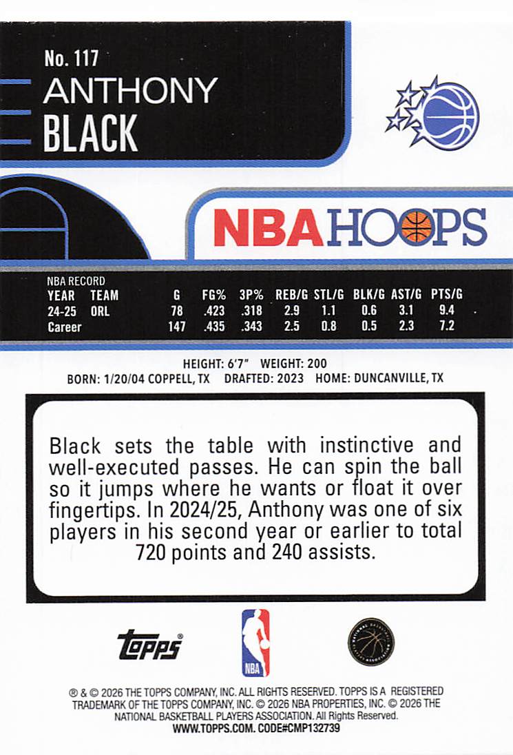 2025-26 Hoops Basketball Anthony Black #117