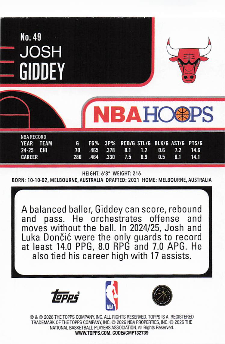 2025-26 Hoops Basketball Josh Giddey #49