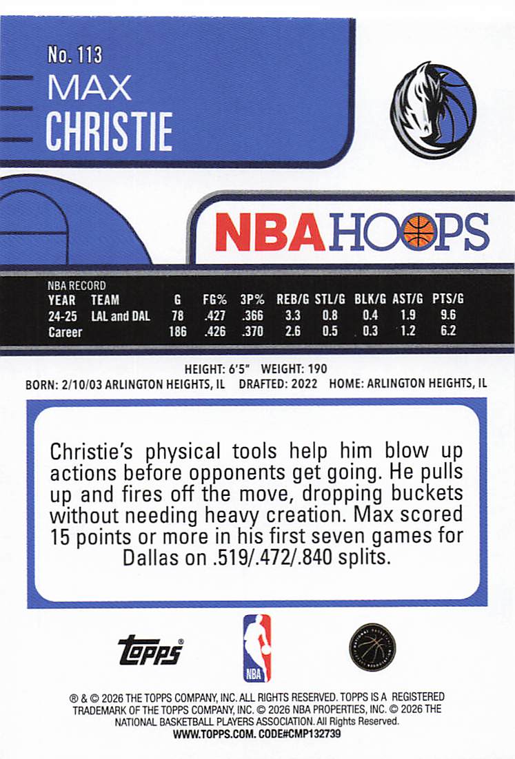 2025-26 Hoops Basketball Max Christie #113