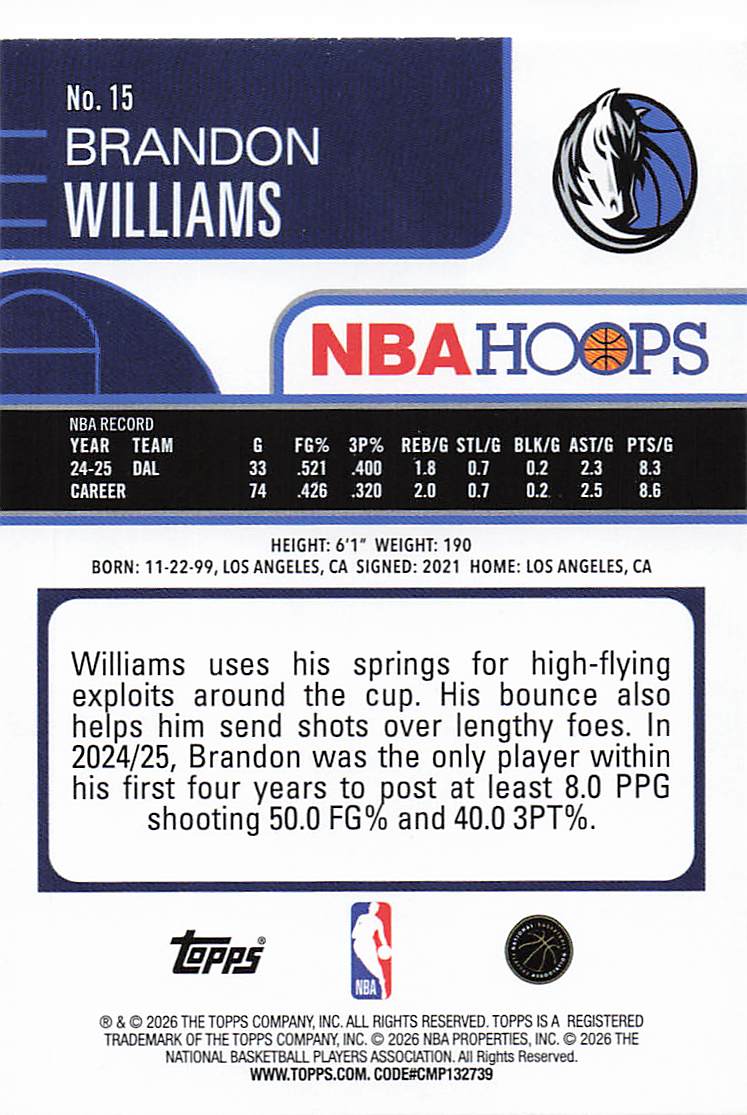 2025-26 Hoops Basketball Brandon Williams #15