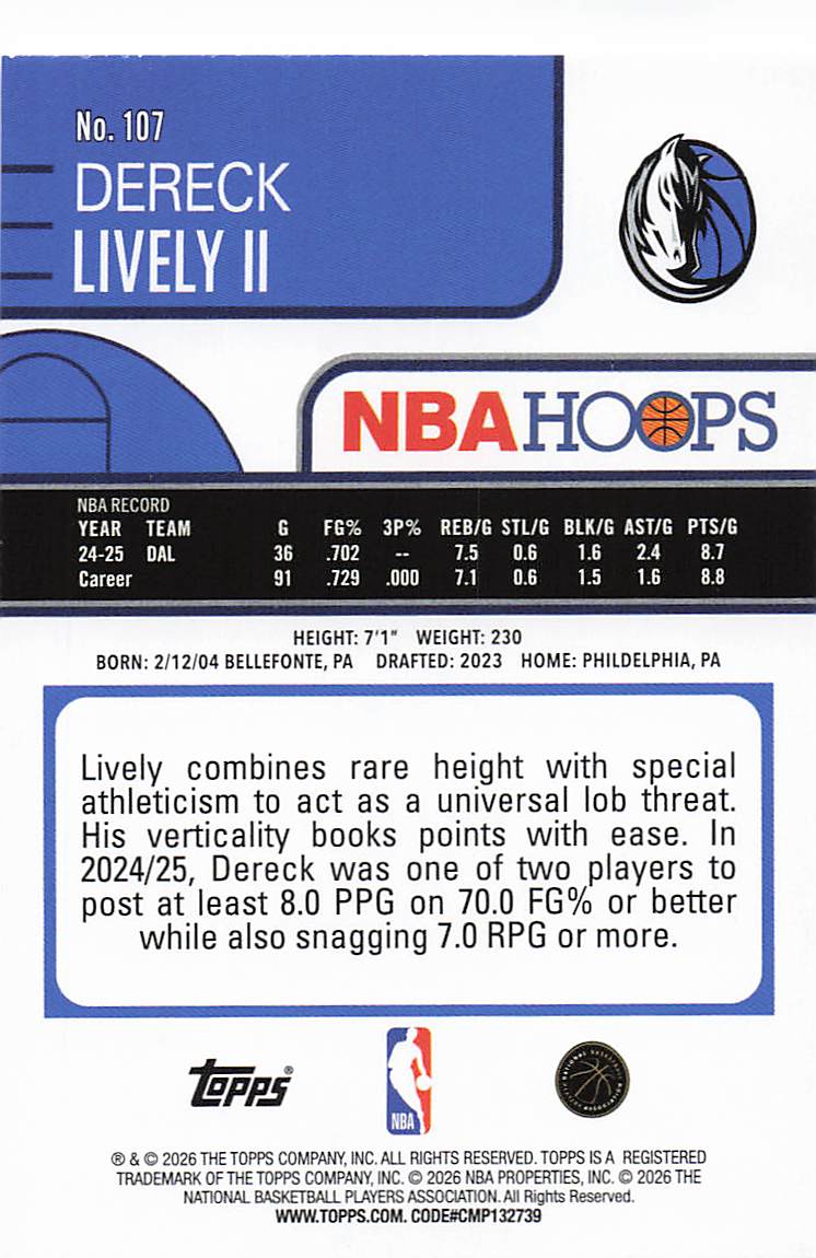 2025-26 Hoops Basketball Dereck Lively II #107