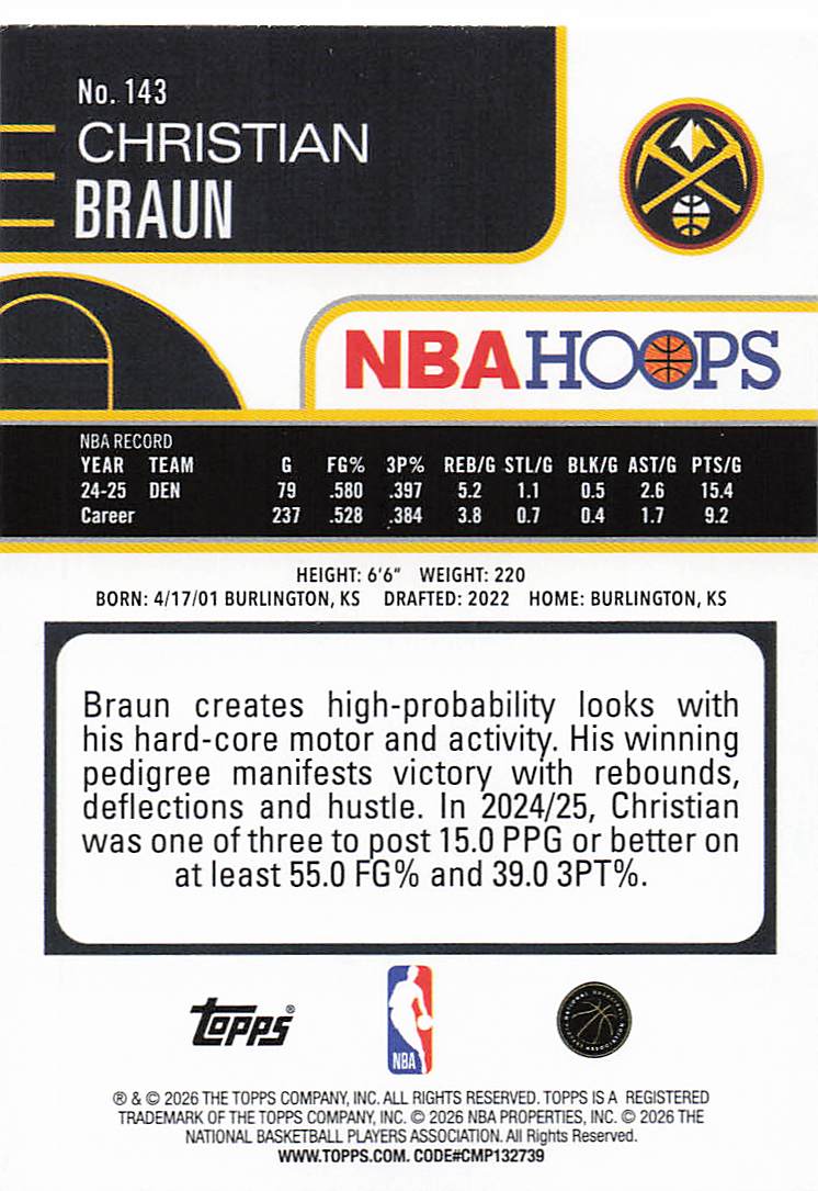 2025-26 Hoops Basketball Christian Braun #143