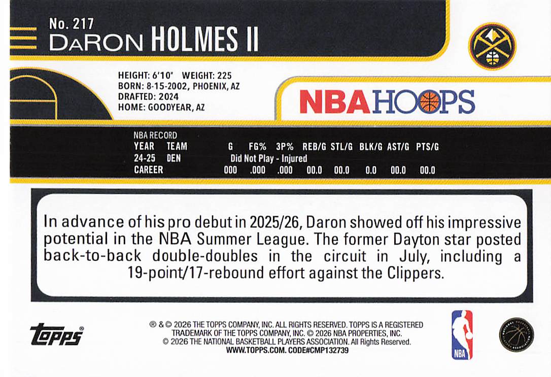 2025-26 Hoops Basketball DaRon Holmes II #217