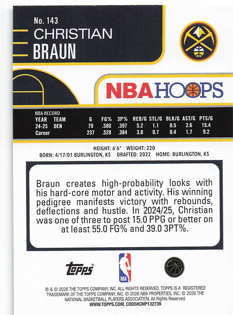 2025-26 Hoops Basketball Green Hoops Christian Braun #143