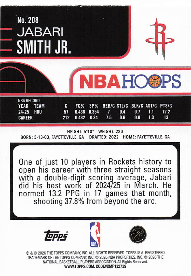 2025-26 Hoops Basketball Jabari Smith Jr. #208
