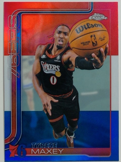 2025-26 Topps Chrome Update Red White and Blue Refractor Tyrese Maxey #41