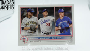 2022 Topps Series 1 NL ERA Leaders Corbin Burnes - Max Scherzer - Walker Buehler #204