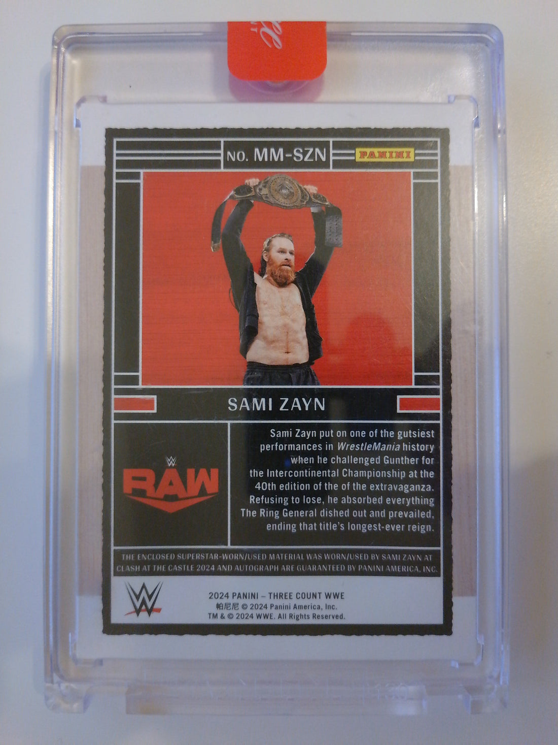 2024 Panini Three Count WWE Materials Autograph 78/99 Sami Zayn #MM-SZN