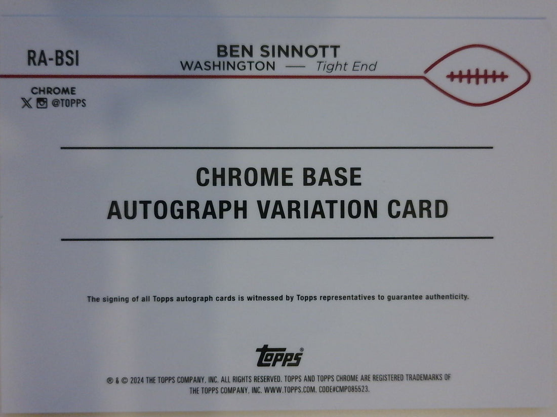 2024 Topps Chrome Rookie Autographs Green Refractors 62/99 Ben Sinnott #RA-BSI RC