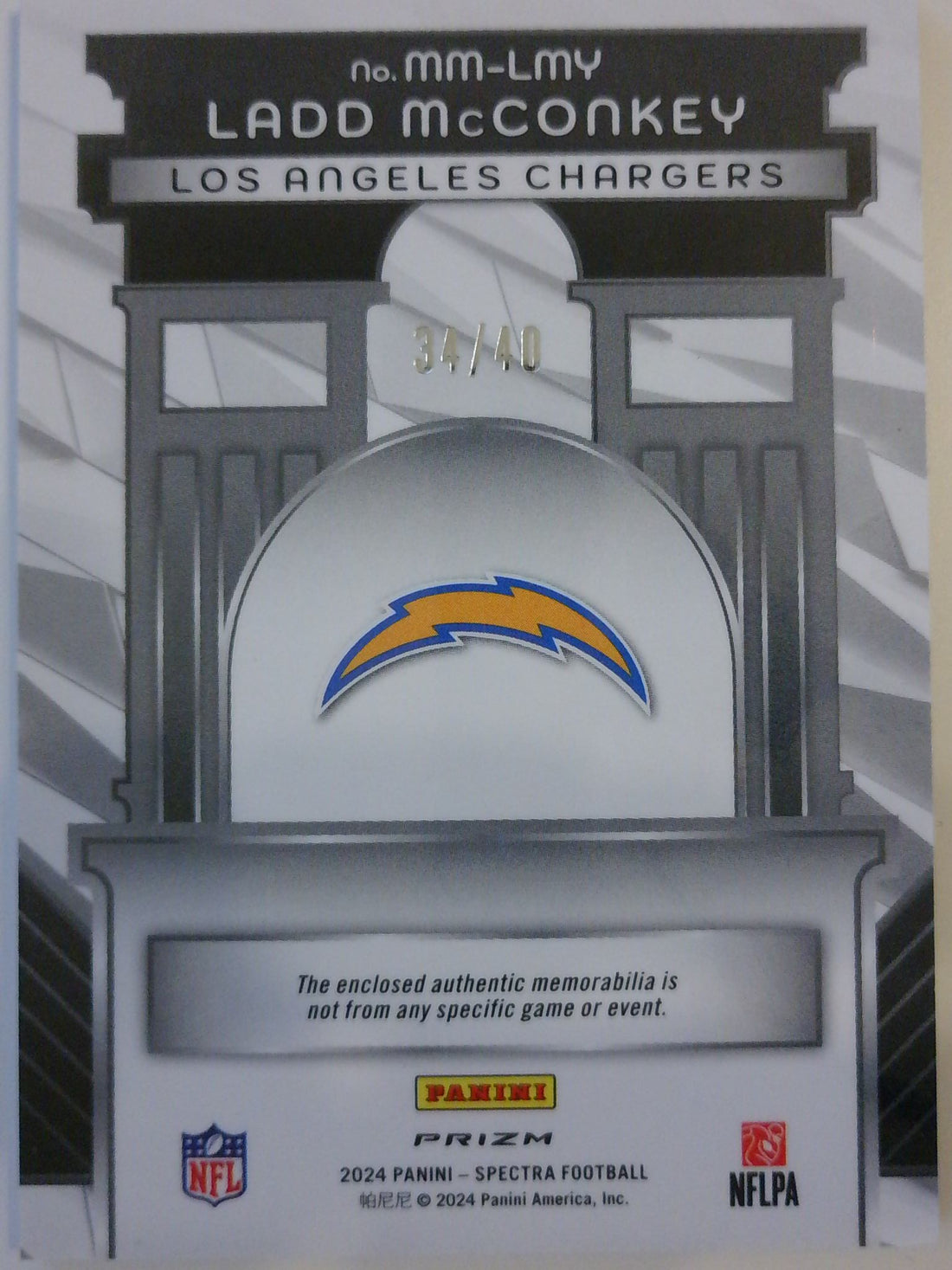 2024 Panini Spectra Monumental Memorabilia Astral 34/40 Ladd McConkey #MM-LMY RC