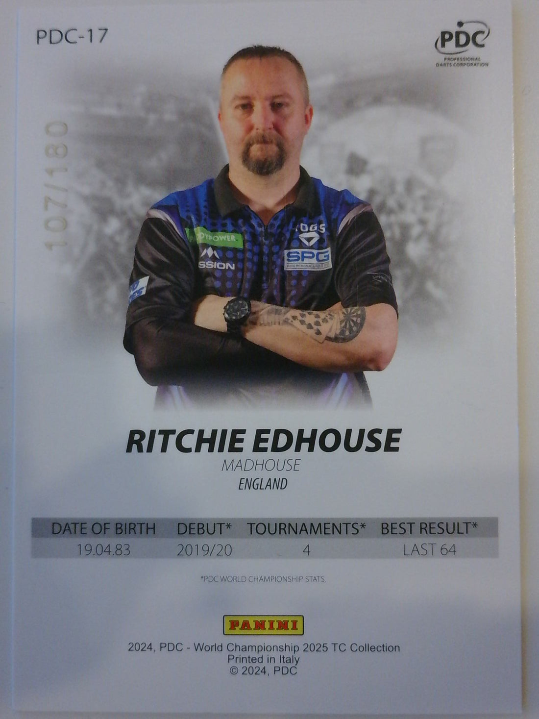 2025 Panini PDC World Championship Purple 107/180 Ritchie Edhouse #PDC-17