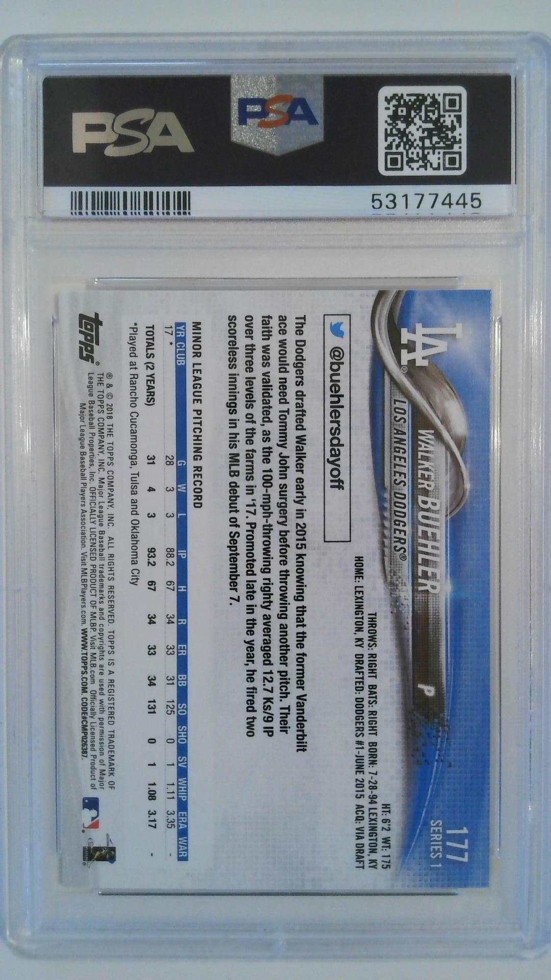 2018 Topps Walker Buehler #177 RC PSA 10