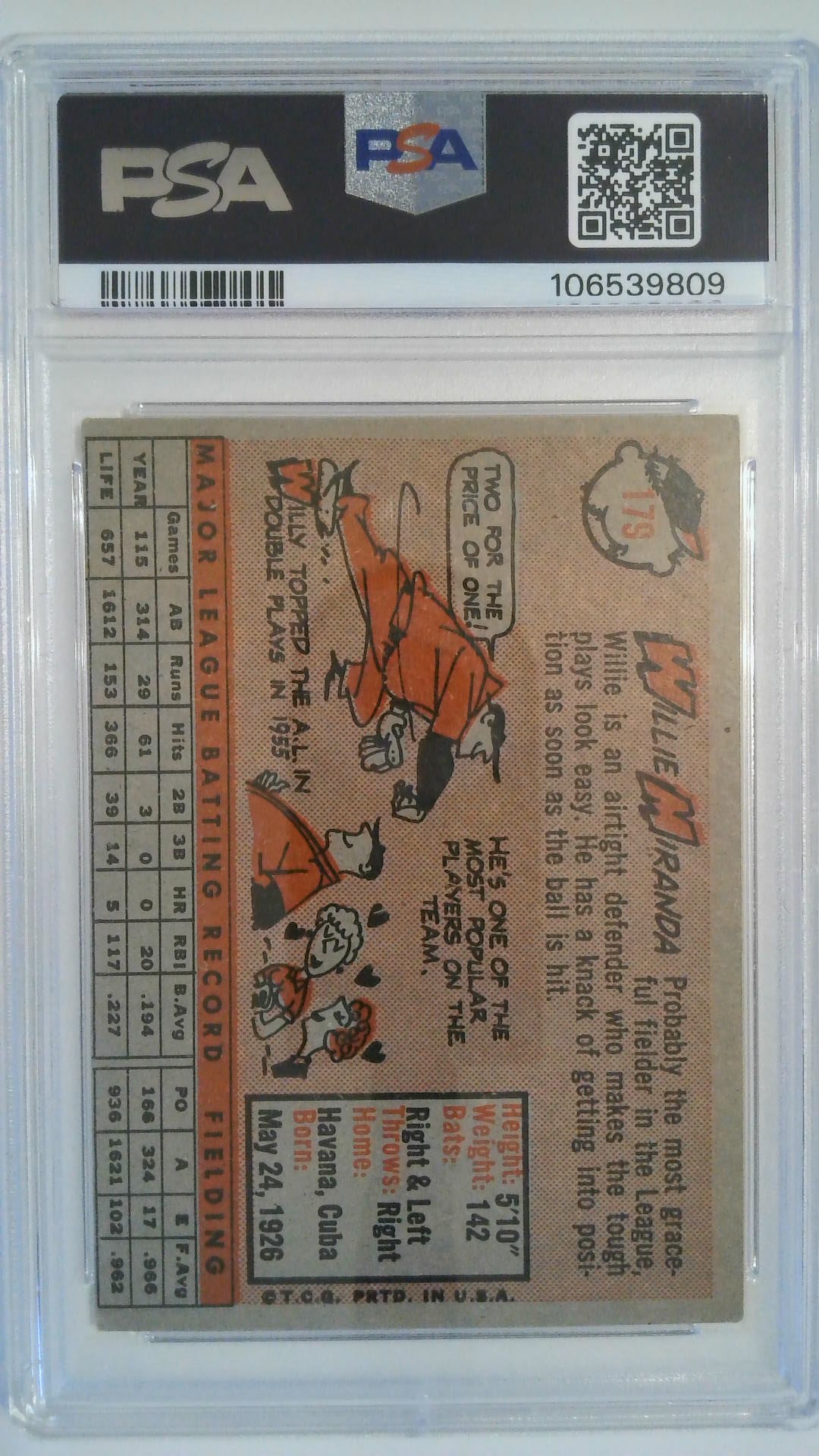 1958 Topps Willy Miranda #179 PSA 4