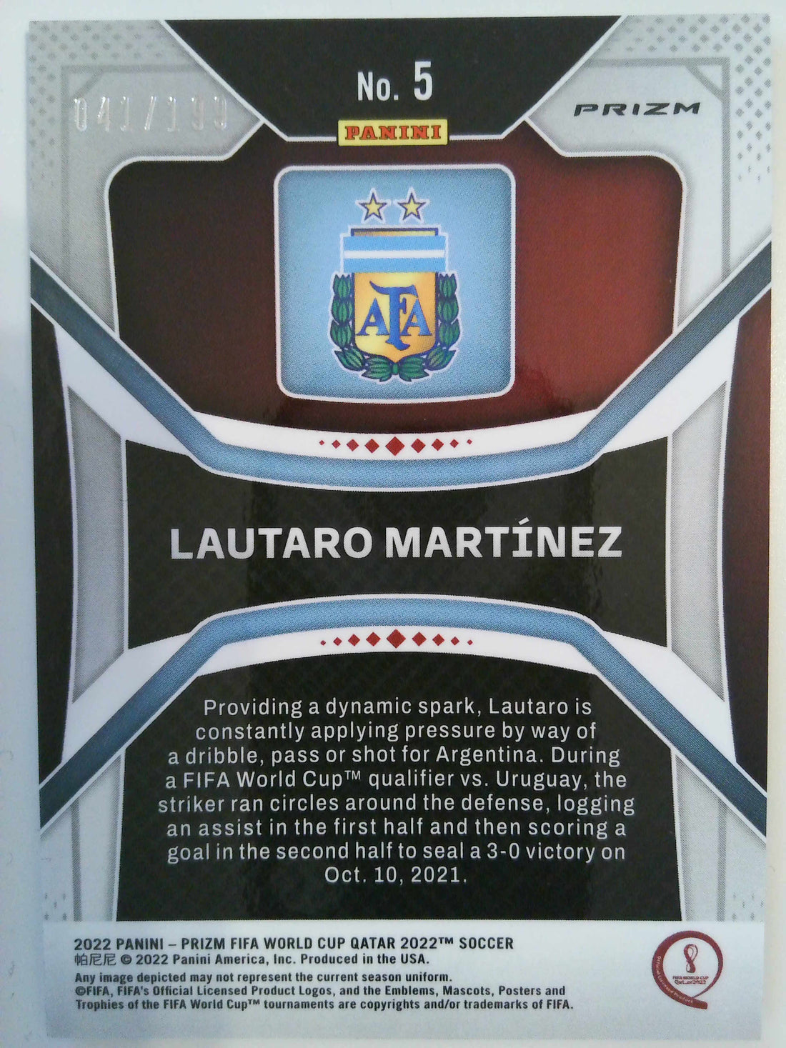 2022 Panini Prizm FIFA World Cup Qatar 2022 Purple Prizm 041/199 Lautaro Martinez #5