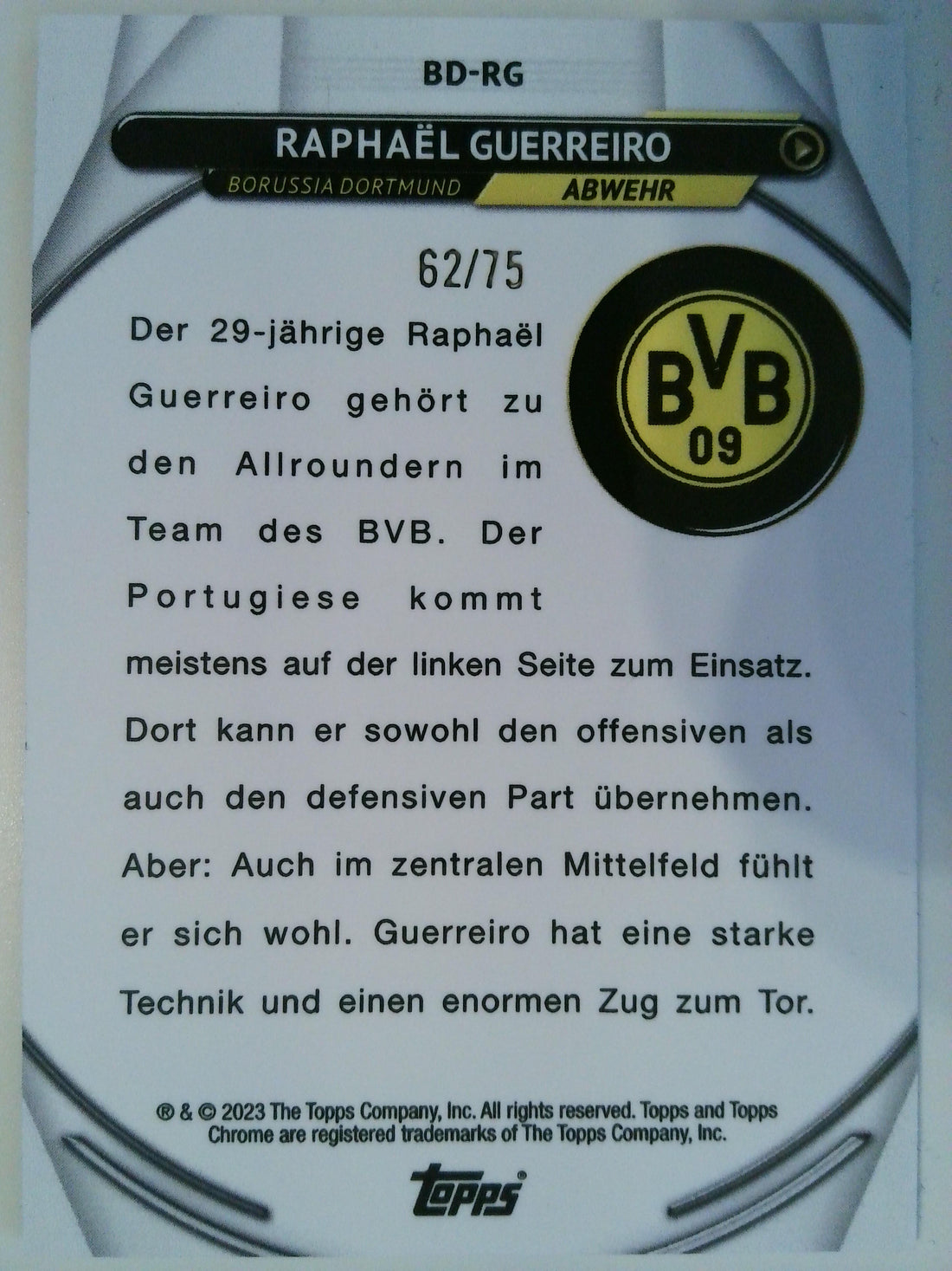 2022-23 Topps Chrome Borussia Dortmund 62/75 Raphael Guerreiro #BD-RG