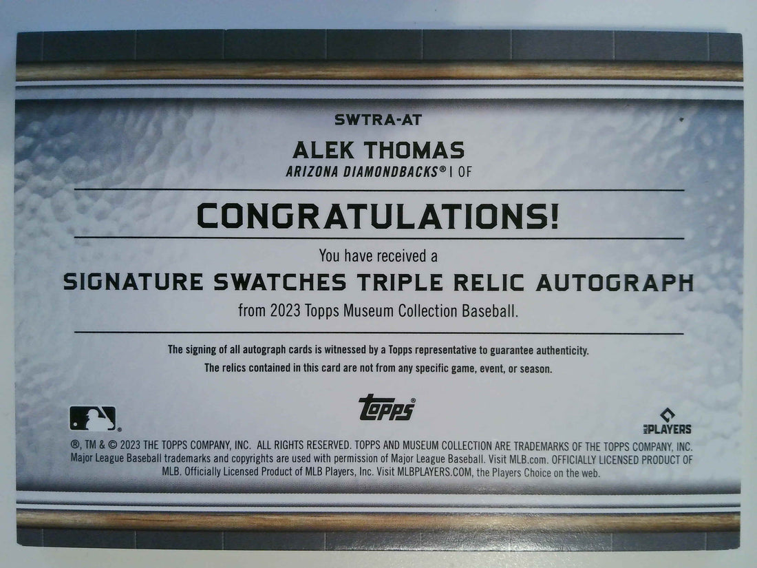 2023 Topps Museum Collection Single-Player Signature Swatches Triple Relic Autographs 055/399 Alek Thomas #SWTRA-AT