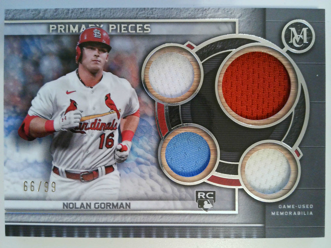 2023 Topps Museum Collection Single-Player Primary Pieces Quad Relics 66/99 Nolan Gorman #SPPPQR-NG RC