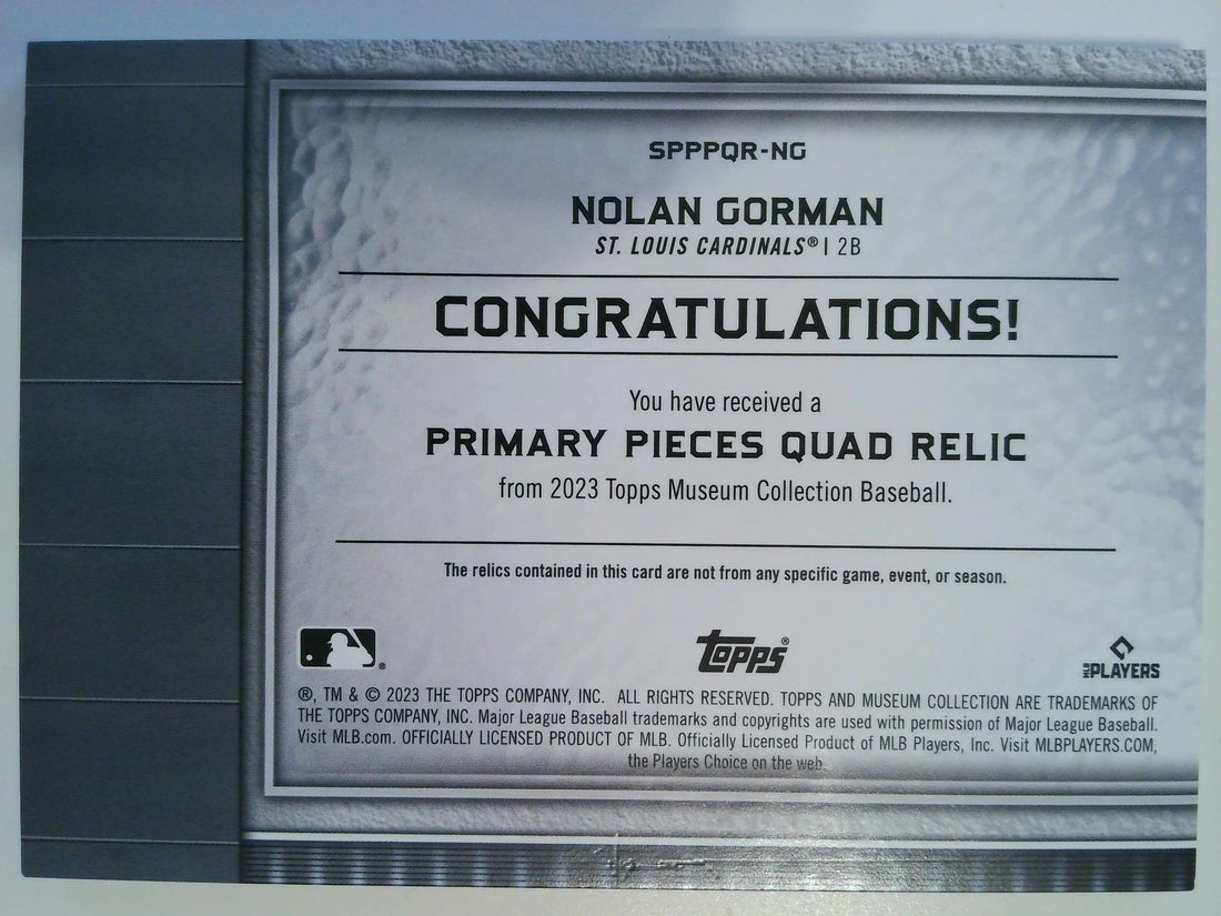 2023 Topps Museum Collection Single-Player Primary Pieces Quad Relics 66/99 Nolan Gorman #SPPPQR-NG RC