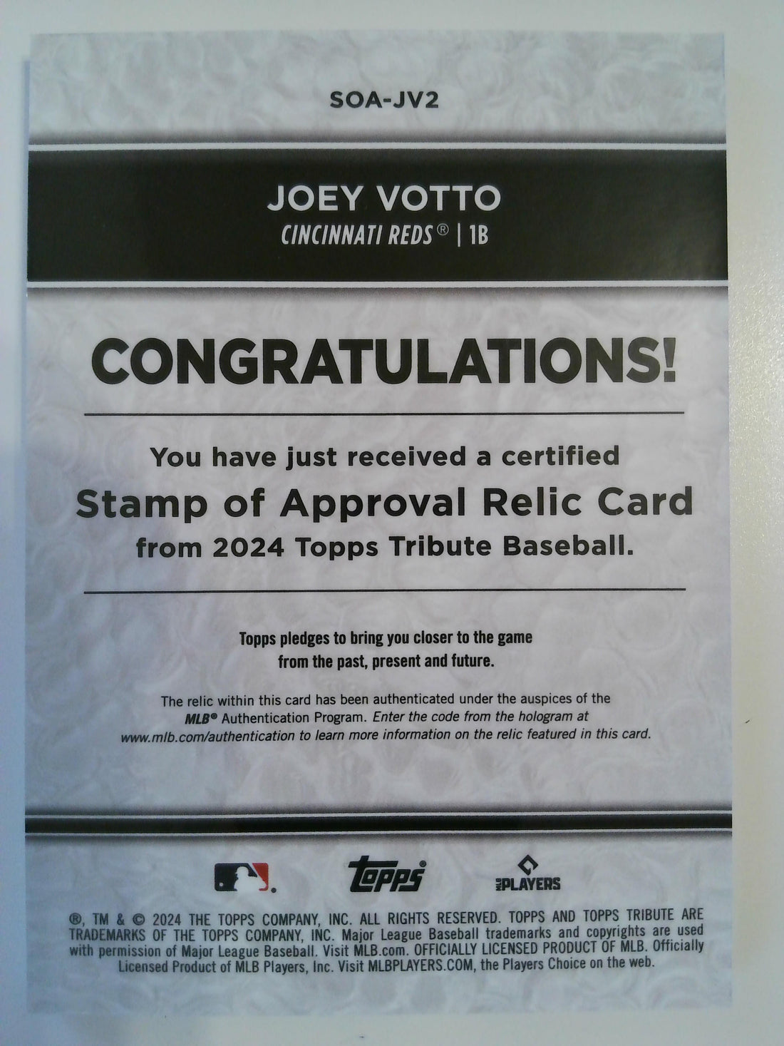 2024 Topps Tribute Stamp of Approval Relics Blue 114/150 Joey Votto #SOA-JV2
