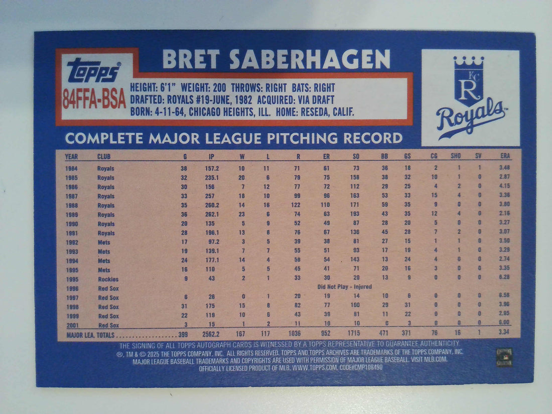 2025 Topps Archives 1984 Topps Fan Favorites Autographs Bret Saberhagen #84FFA-BSA