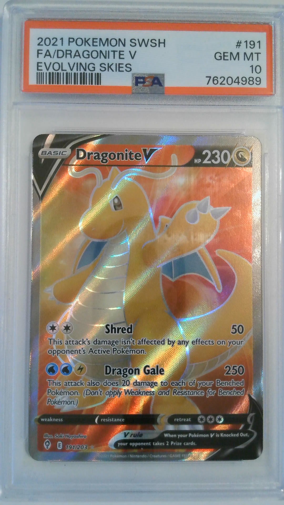 2021 Pokemon SWSH Evolving Skies FA/Dragonite V #191 PSA 10