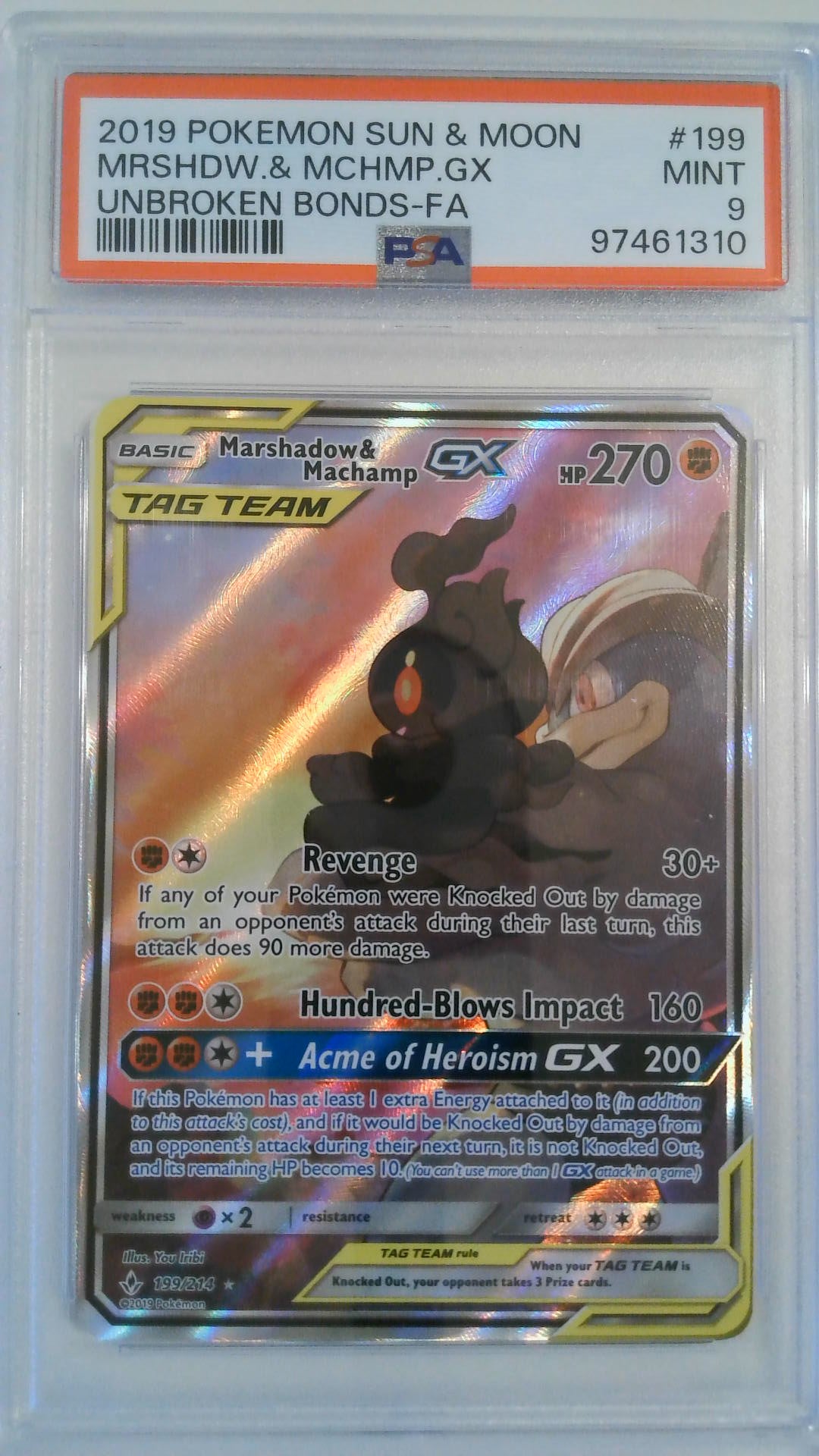 2019 Pokemon Sun & Moon Unbroken Bonds-FA MRSHDW & MCHMP.GX #199 PSA 9