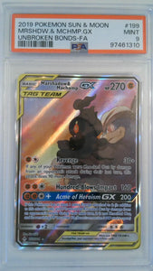2019 Pokemon Sun & Moon Unbroken Bonds-FA MRSHDW & MCHMP.GX #199 PSA 9