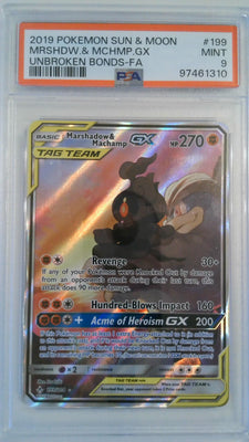 2019 Pokemon Sun & Moon Unbroken Bonds-FA MRSHDW & MCHMP.GX #199 PSA 9