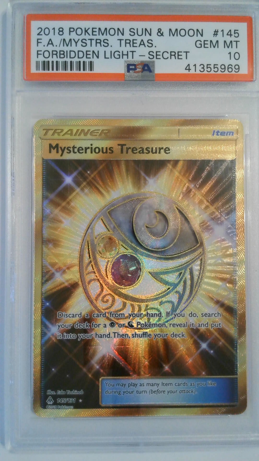 2018 Pokemon Sun & Moon Forbidden Light - Secret F.A./Mystrs. Treas. #145 PSA 10