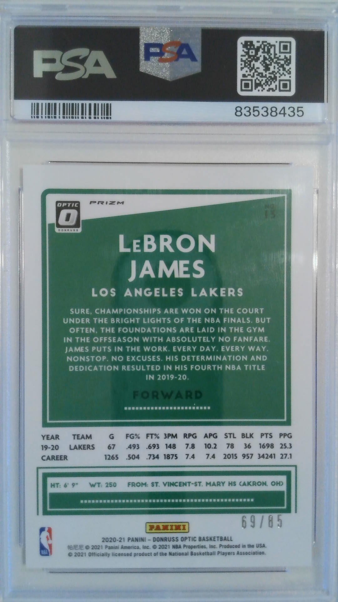 2020 Donruss Optic Fast Break Red 69/85 LeBron James #13 PSA 10