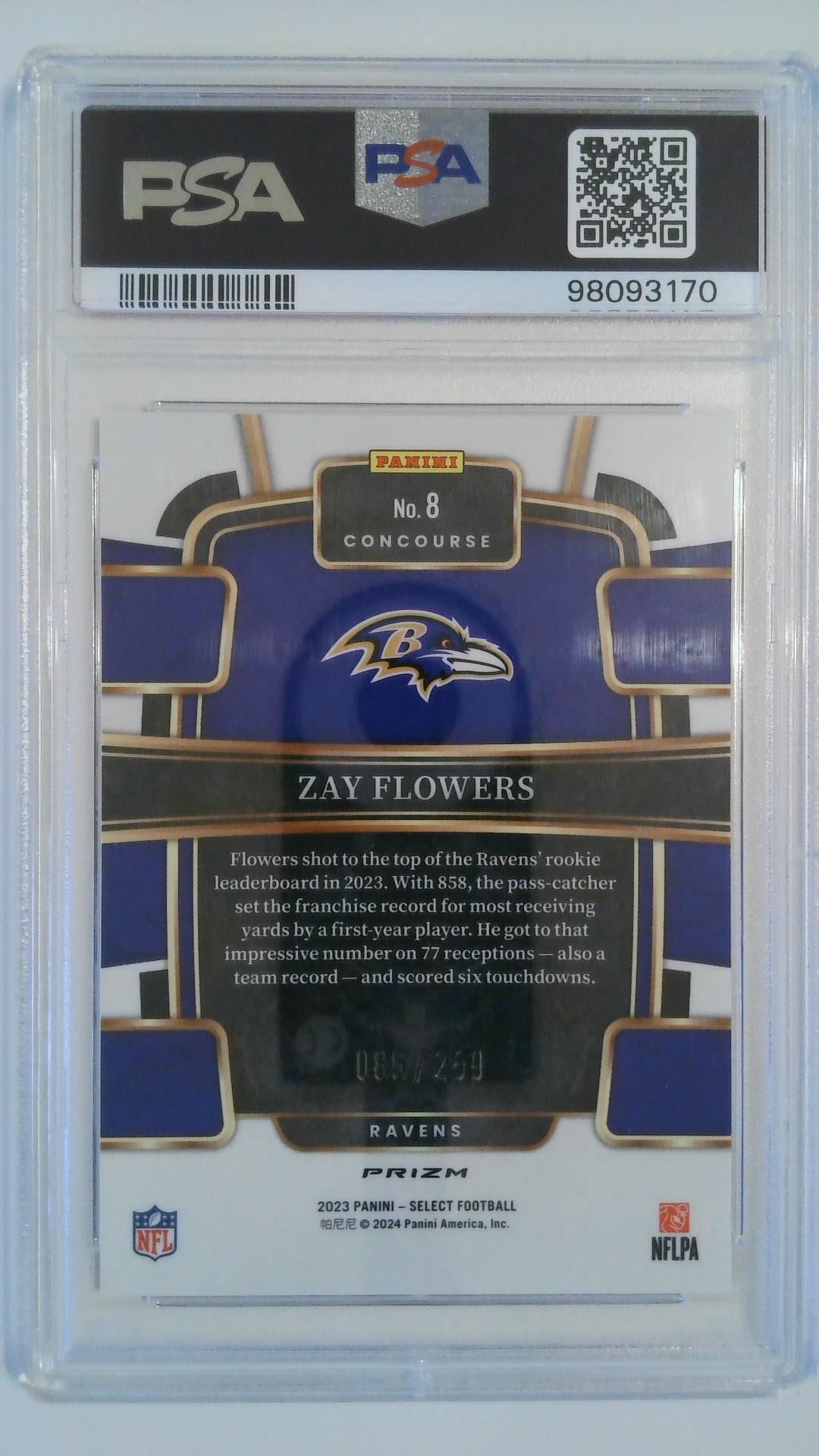 2023 Select Tri-Color Prizm 085/259 Zay Flowers #8 RC PSA 10