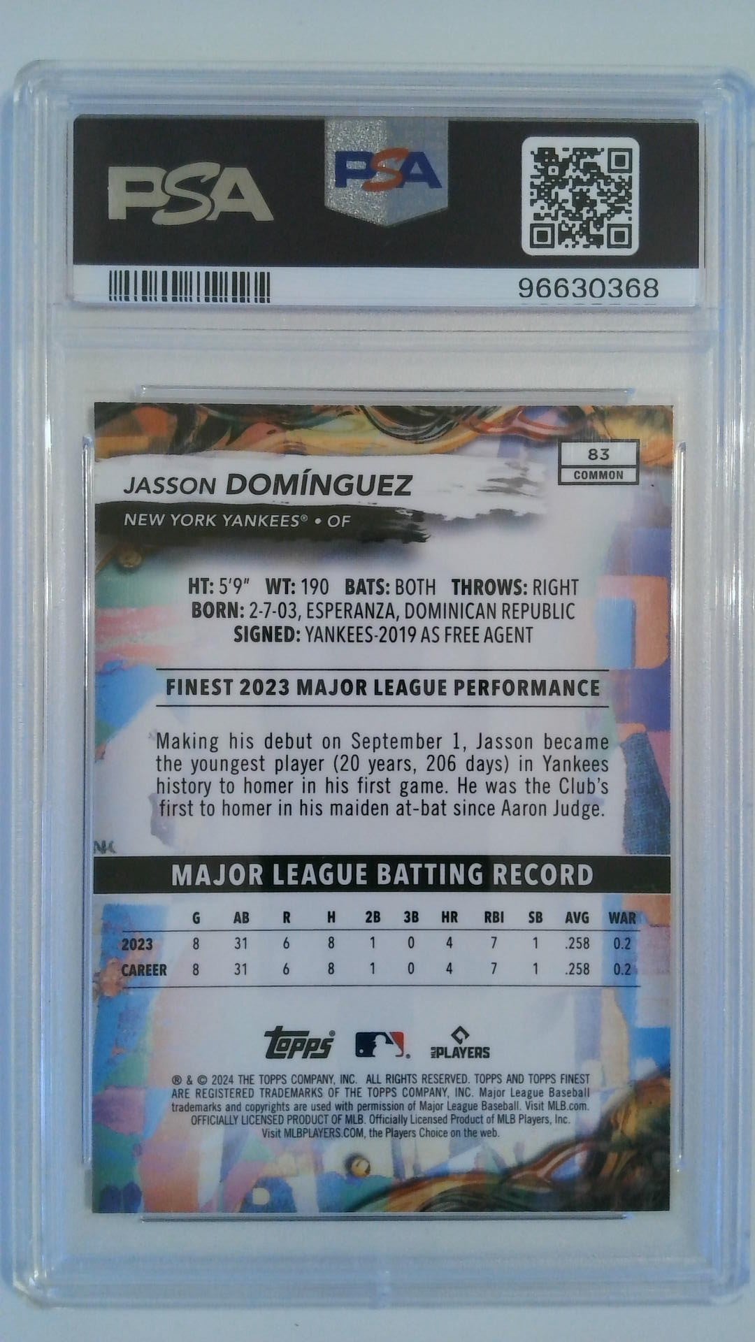 2024 Topps Finest Jasson Dominguez #83 RC PSA 10