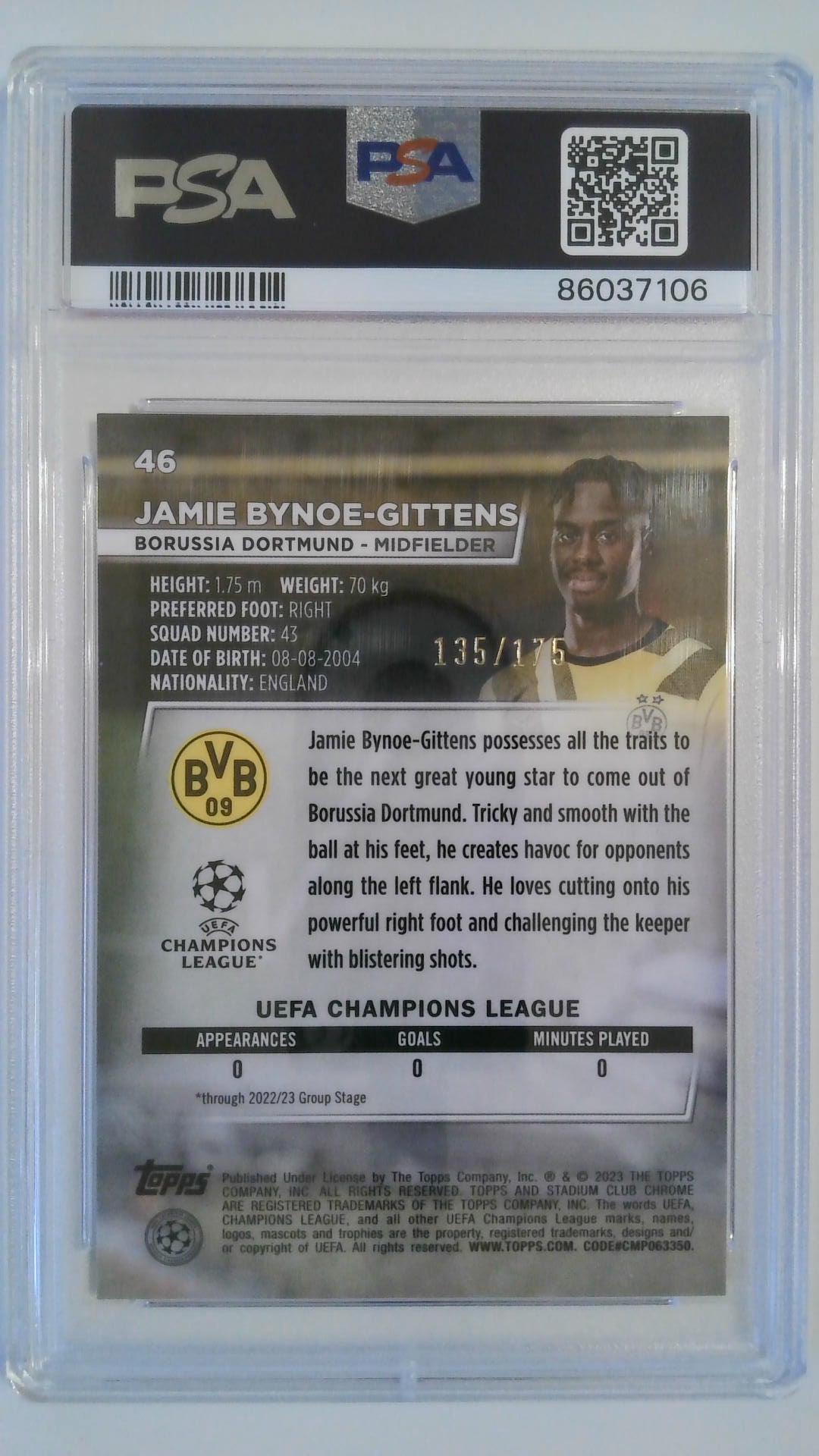 2022-23 Stadium Club Chrome UCC Neon Green X-Fractor 135/175 Jamie Bynoe-Gittens #46 RC PSA 10