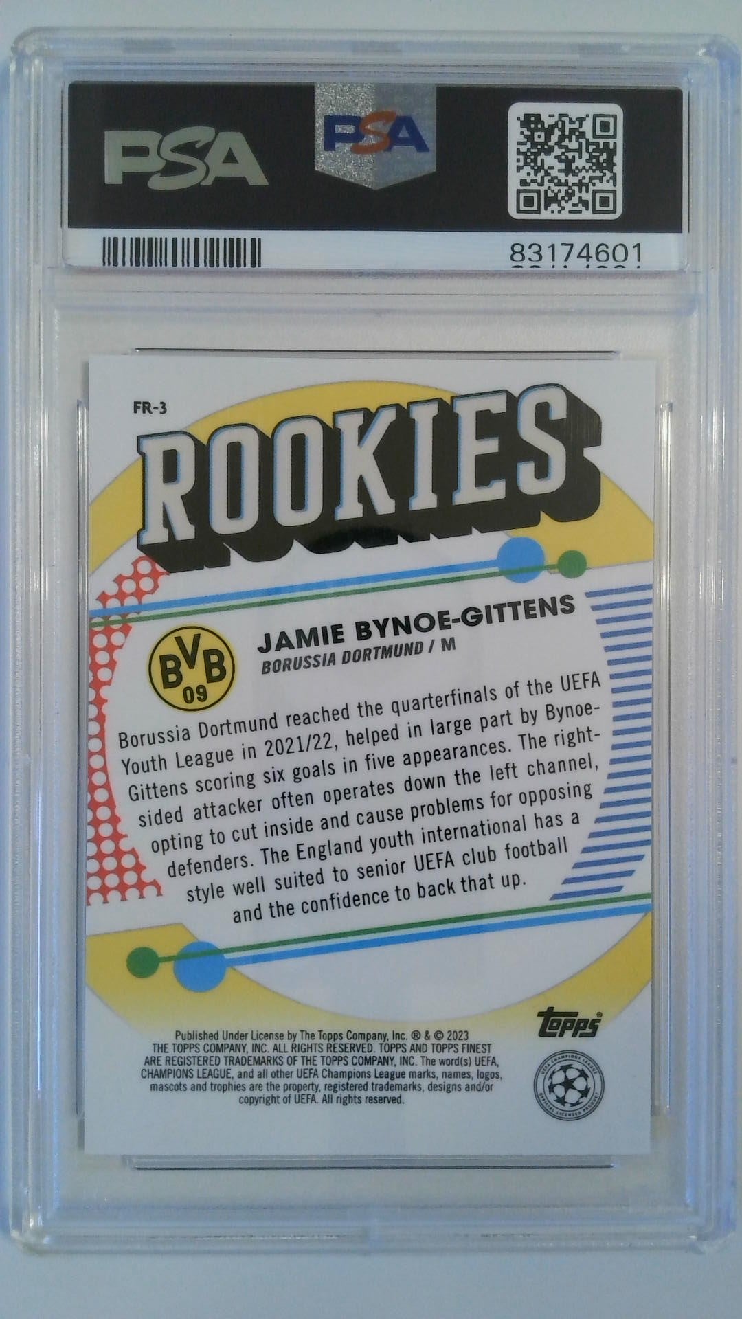 2022-23 Finest UCC Rookies-Purple 236/299 Jamie Bynoe-Gittens #FR3 RC PSA 10