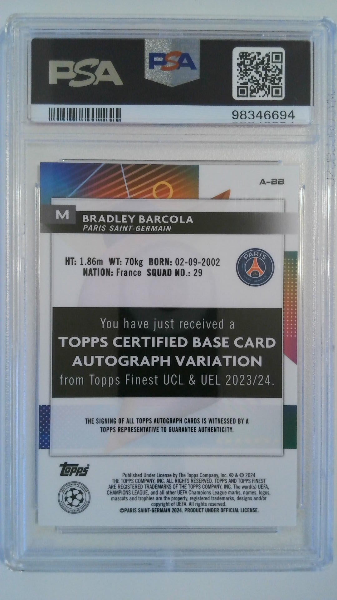 2023-24 Finest UCC Autograph Bradley Barcola #ABB RC PSA 10
