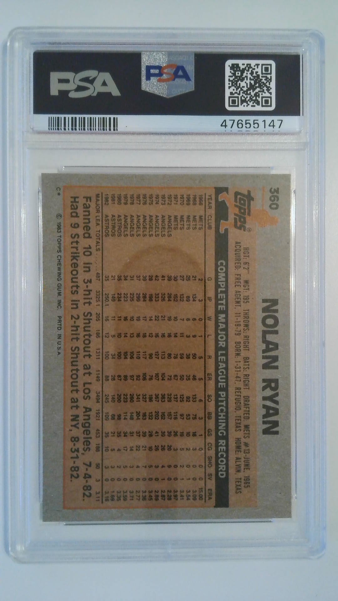 1983 Topps Nolan Ryan #360 PSA 6