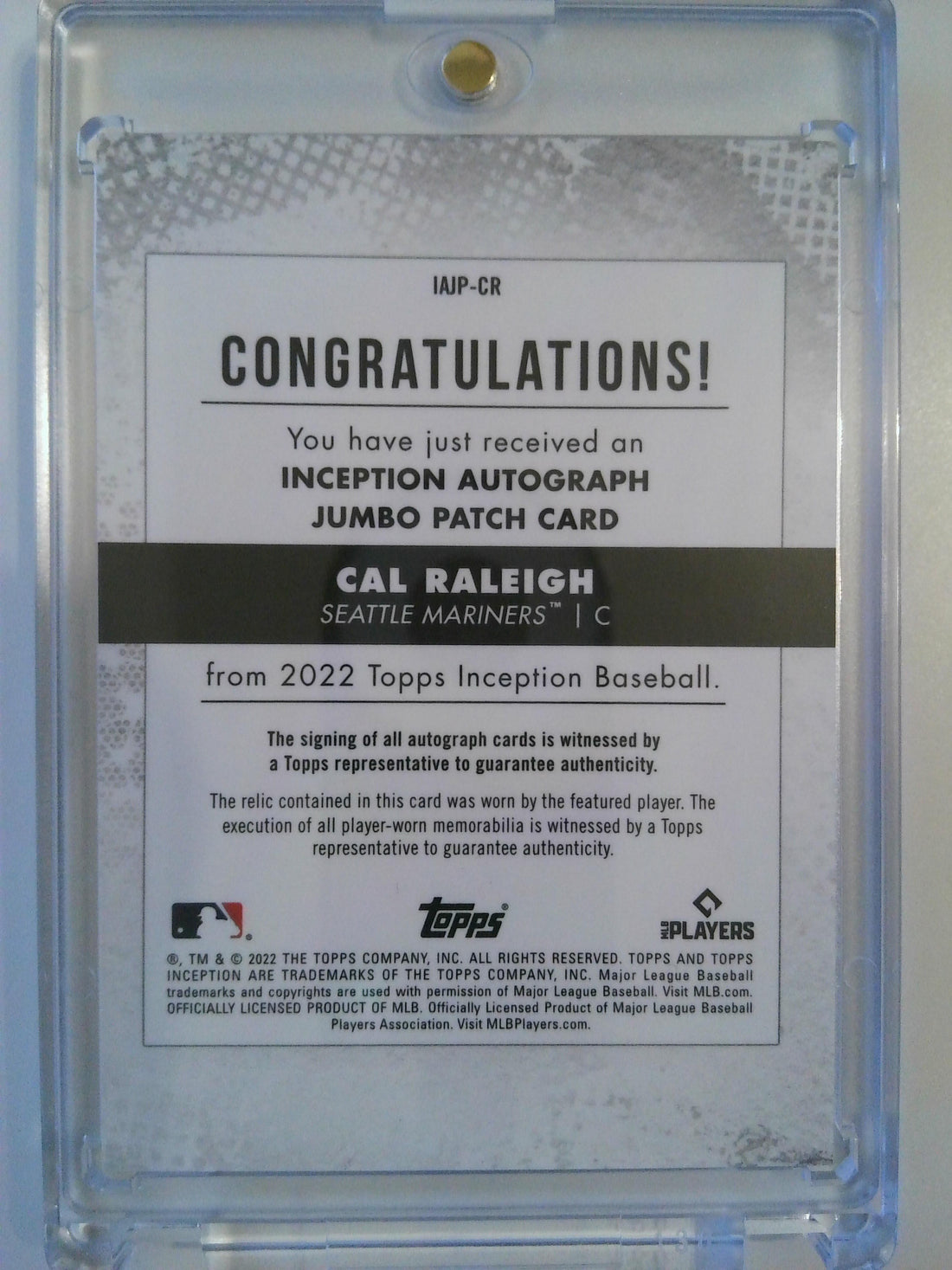 2022 Topps Inception Inception Autograph Jumbo Patch 088/125 Cal Raleigh #IAJP-CR RC