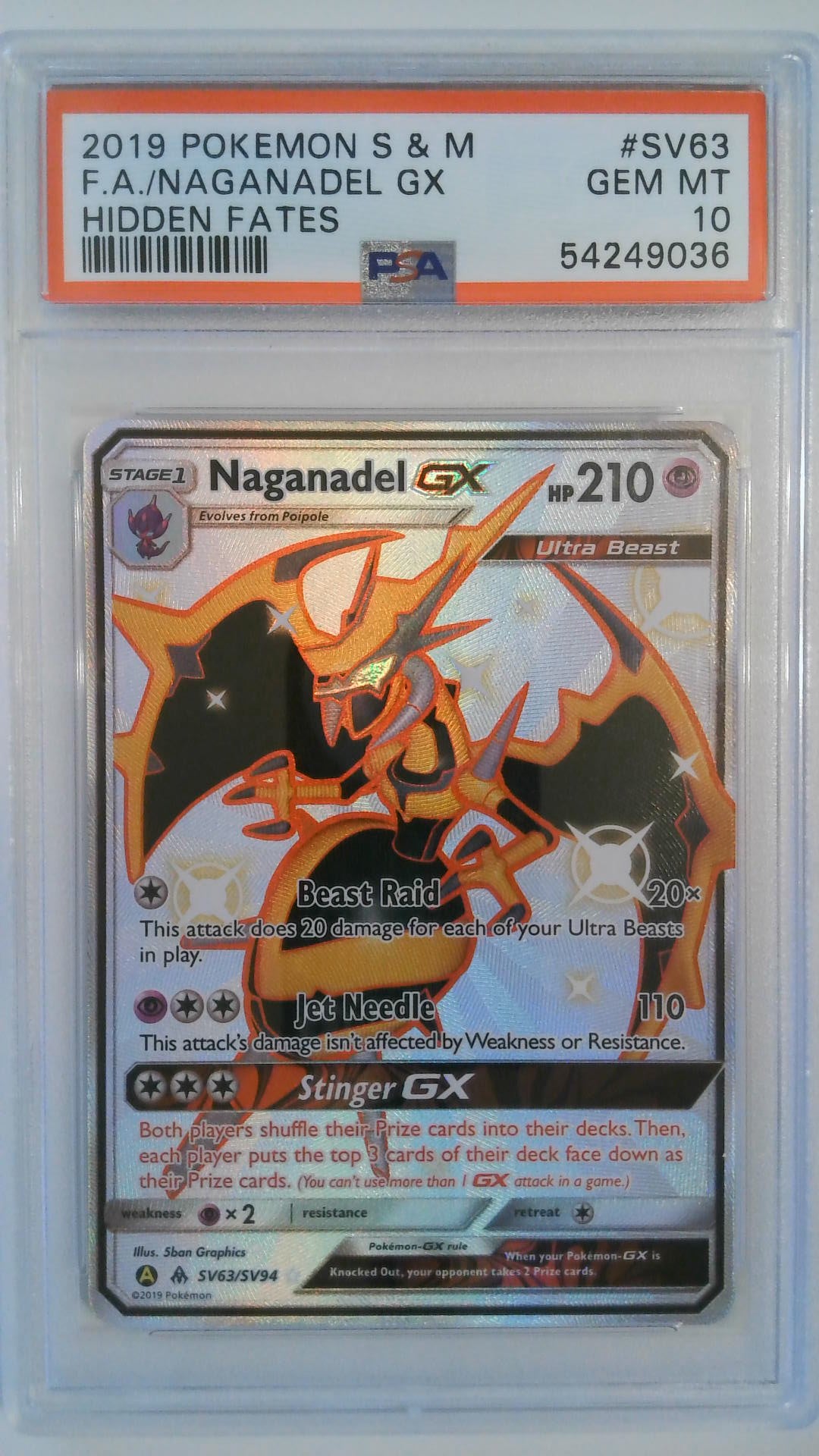 2019 Pokemon S&M Hidden Fates F.A./Naganadel GX #SV63 PSA 10